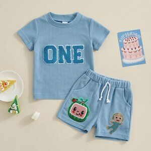 Blue Boy First Birthday Outfit Clothes Shirt Cocomelon Shorts JJ Coco melon set